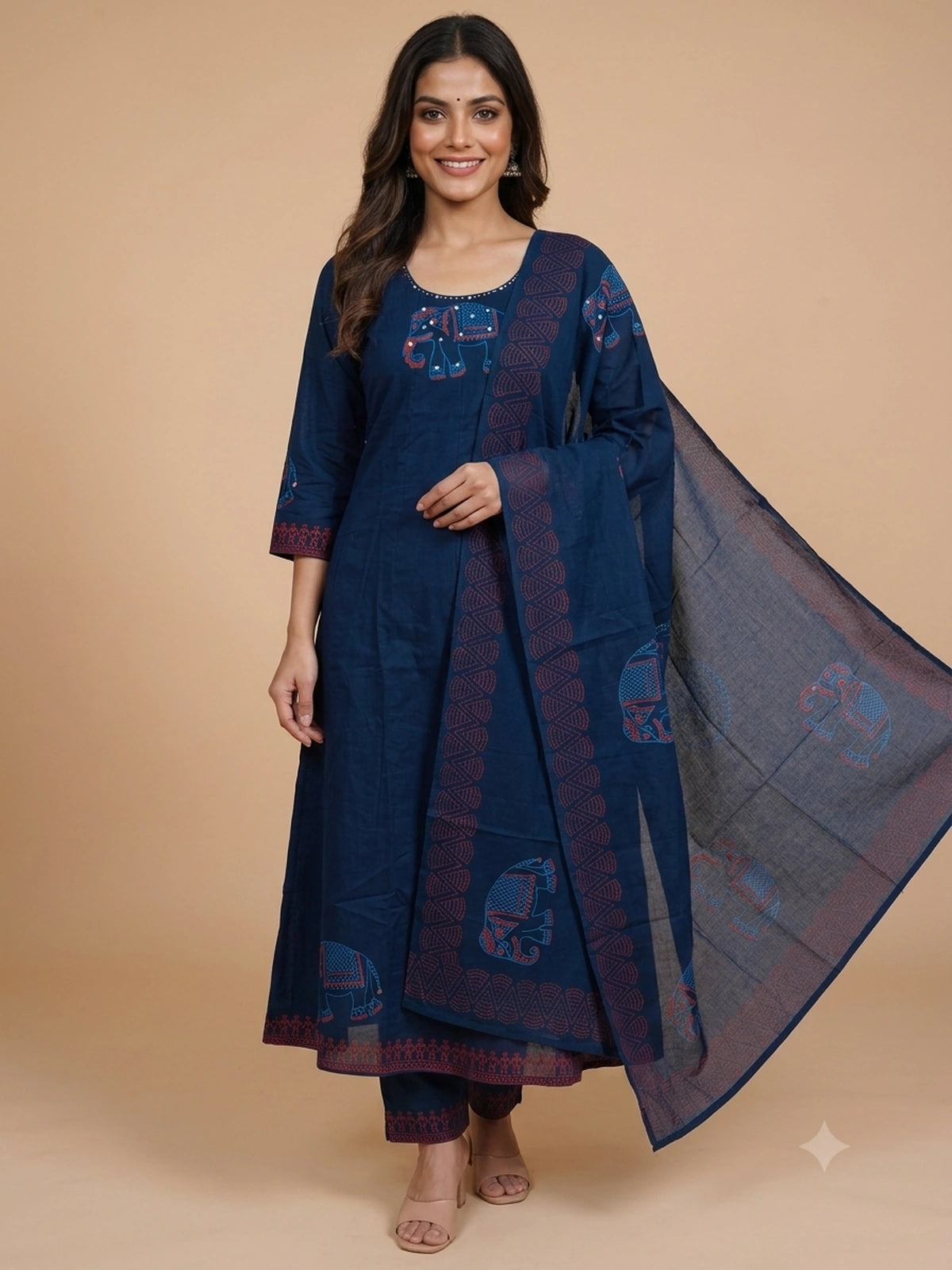 Navy Blue cotton Anarkali kurti set with rust elephant motifs, mirror work and matching printed dupatta