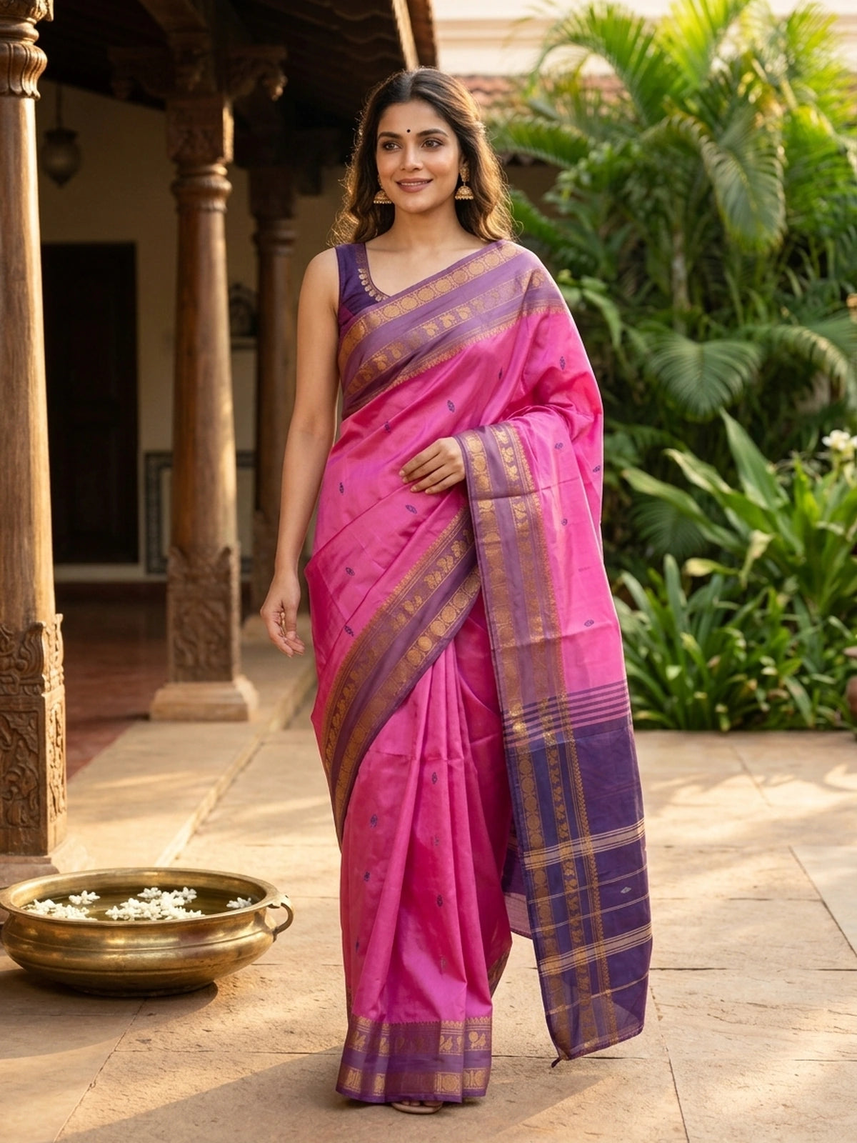 Pink banana silk saree with contrast purple gold zari border and buttis