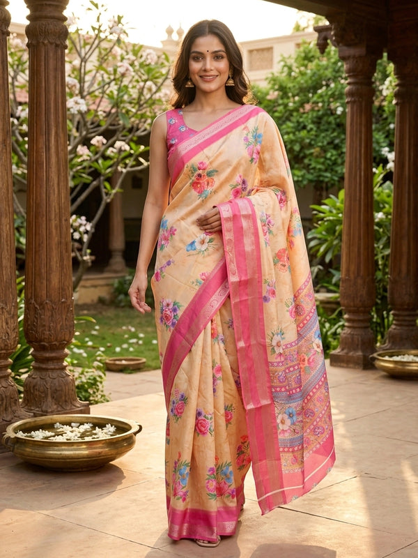 Cream Dola silk saree with multicolour floral print and contrast pink silver zari border