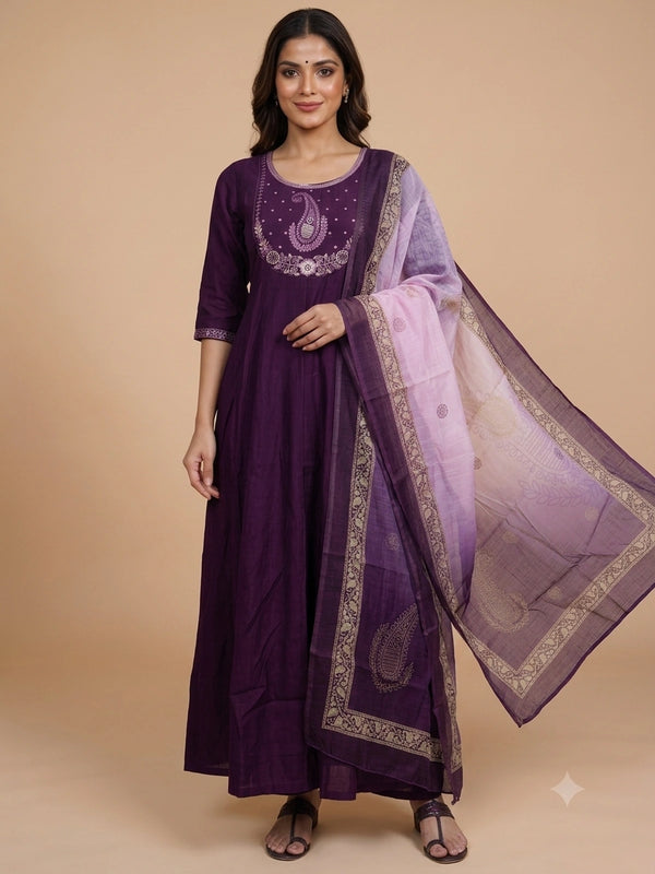 Purple sequin embroidered paisley Anarkali kurti set with ombre pink zari dupatta