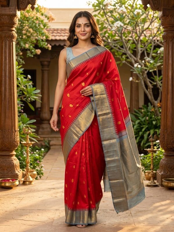 Red pure Kanchipuram silk saree with contrast grey gold zari temple border and woven buttas