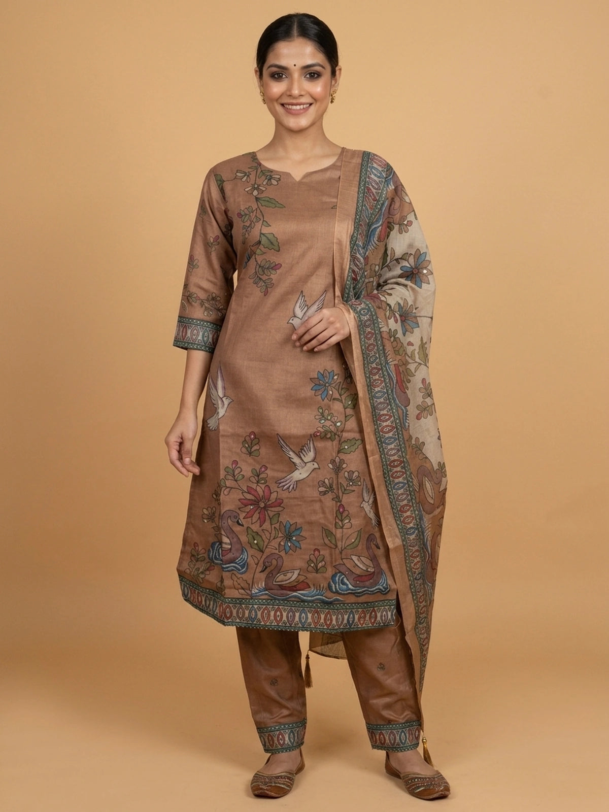 Brown Kalamkari bird print cotton straight cut kurti set with dupatta and pants