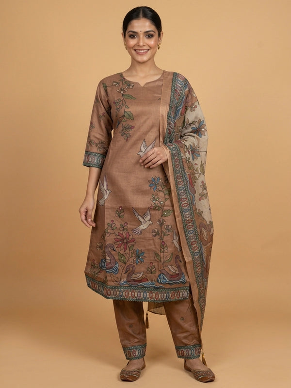 Brown Kalamkari bird print cotton straight cut kurti set with dupatta and pants