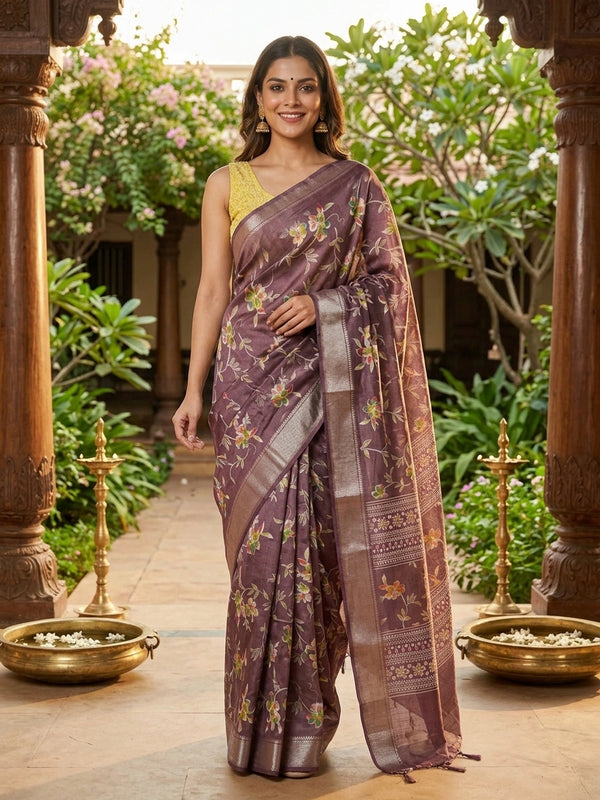 Mauve Dola silk saree with multicoloured floral print, gold zari border and yellow contrast blouse