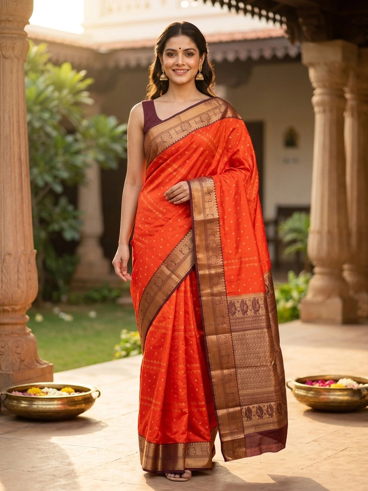 Orange semi silk saree with maroon contrast border and gold zari peacock pallu