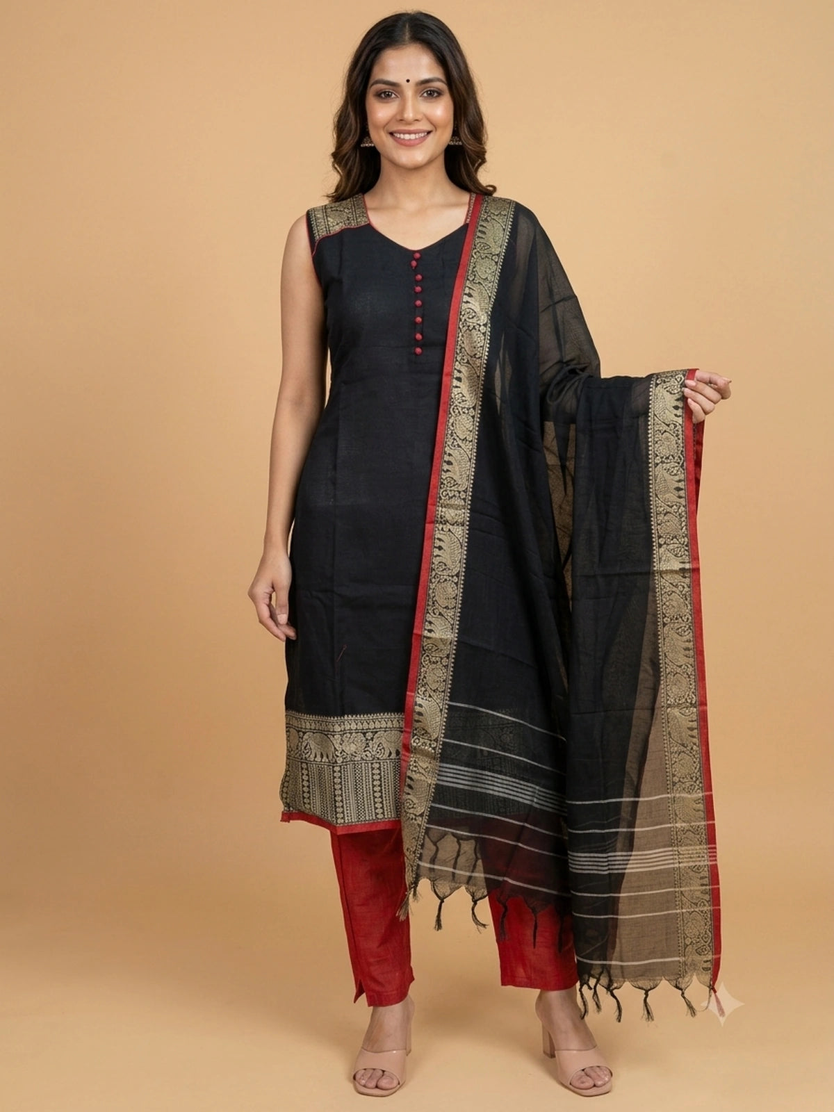 Black cotton silk straight cut kurti set with gold zari border, red contrast pants and dupatta