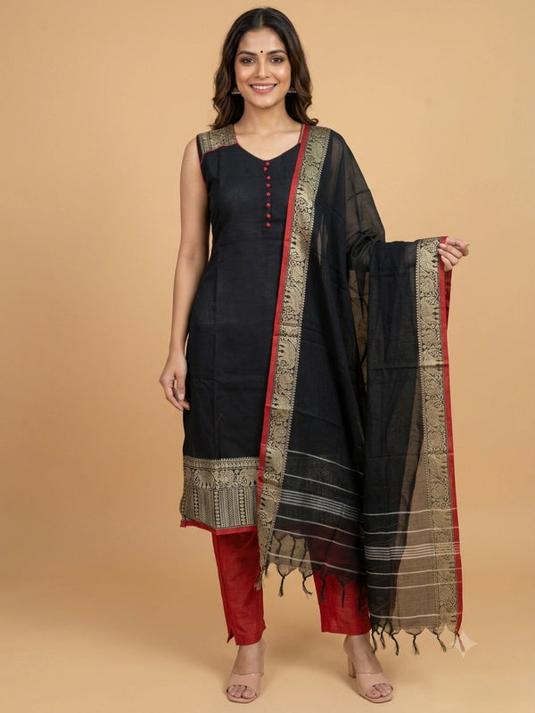 Black cotton silk straight cut kurti set with gold zari border, red contrast pants and dupatta
