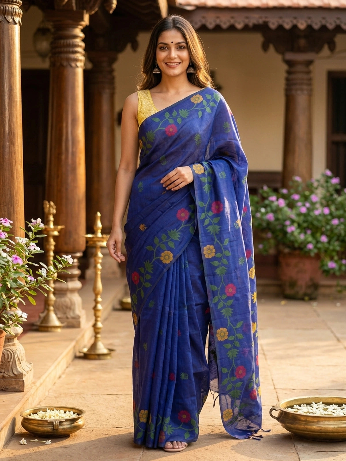 Royal blue linen cotton saree with multicolour woven floral motifs and a floral vine pallu