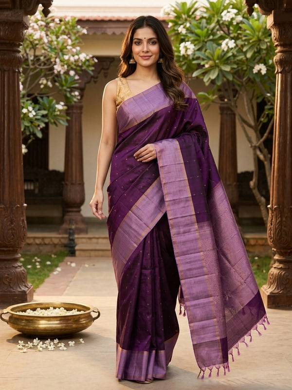 Purple pure soft silk saree with lavender contrast border, gold zari buttis and floral zari pallu