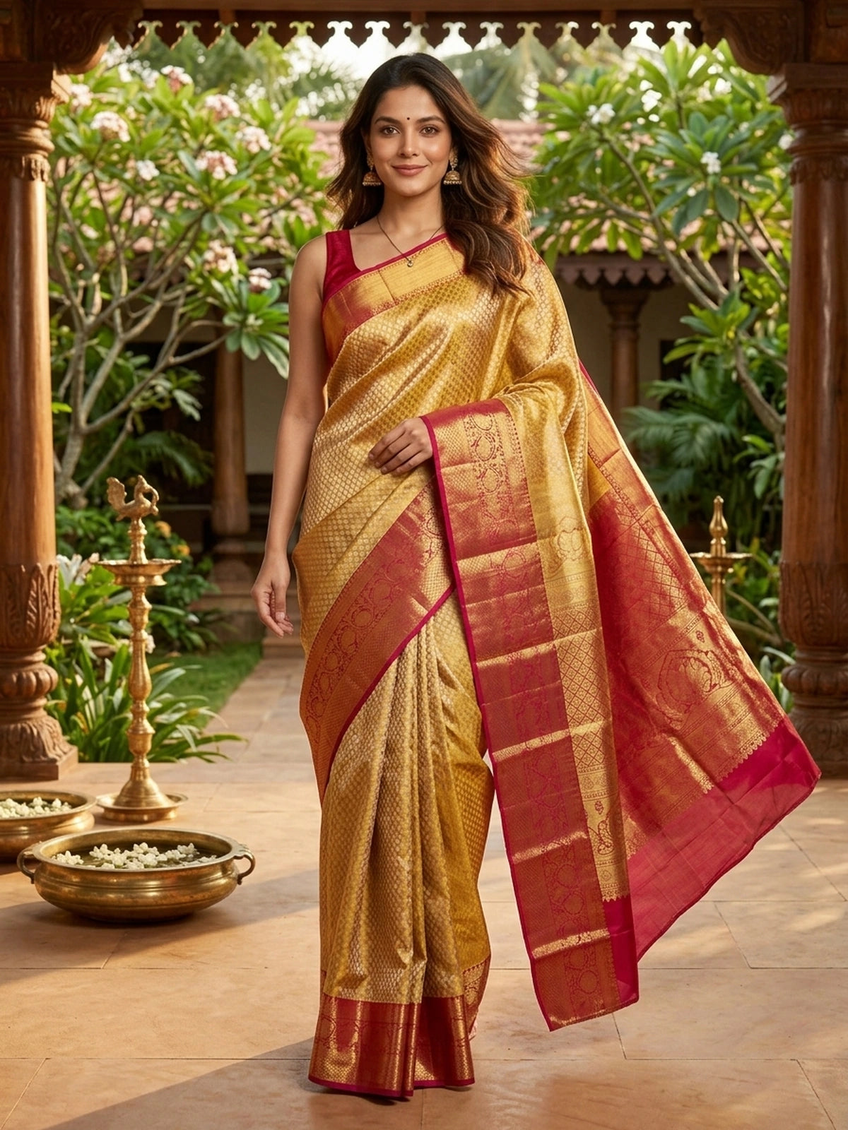Gold and Pink Pure Kanchipuram Silk Saree