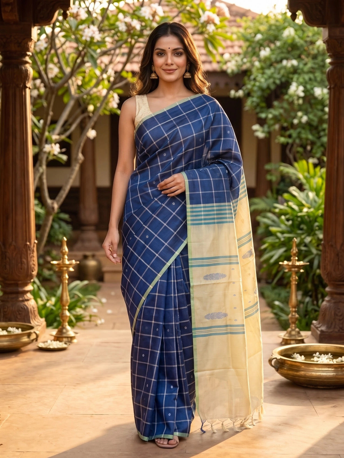 Royal Blue and Cream Banana Silk Sarees