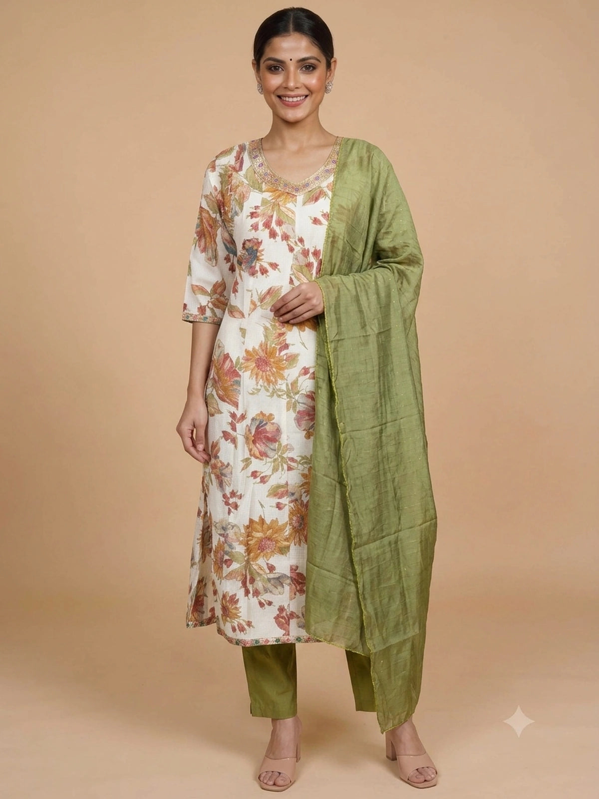 Cream floral printed cotton A-Line kurti set with embroidered neckline and green dupatta