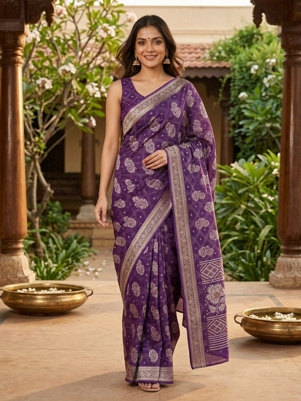 Purple art silk designer saree with white and gold floral buttas and zari border