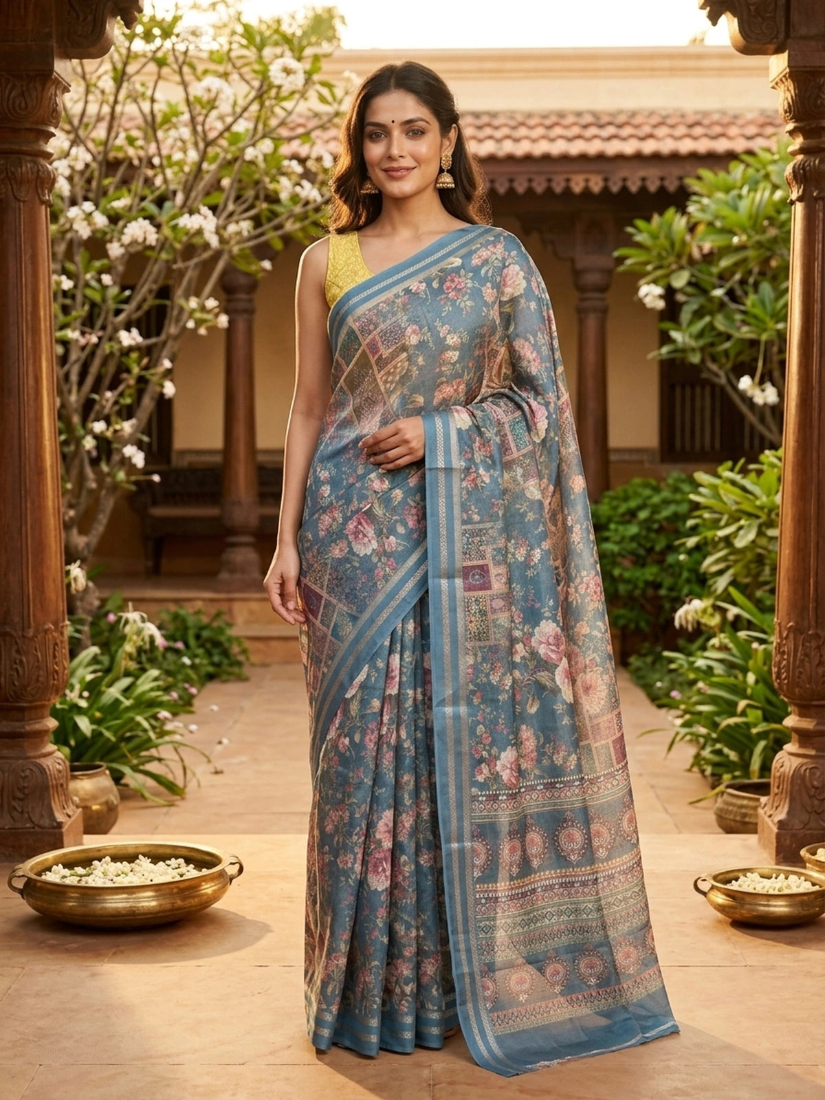 Steel blue designer saree with pink vintage floral print and zari border