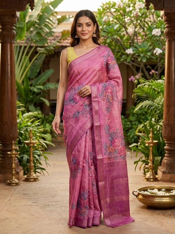 Pink semi tussar saree with floral print body and magenta zari border