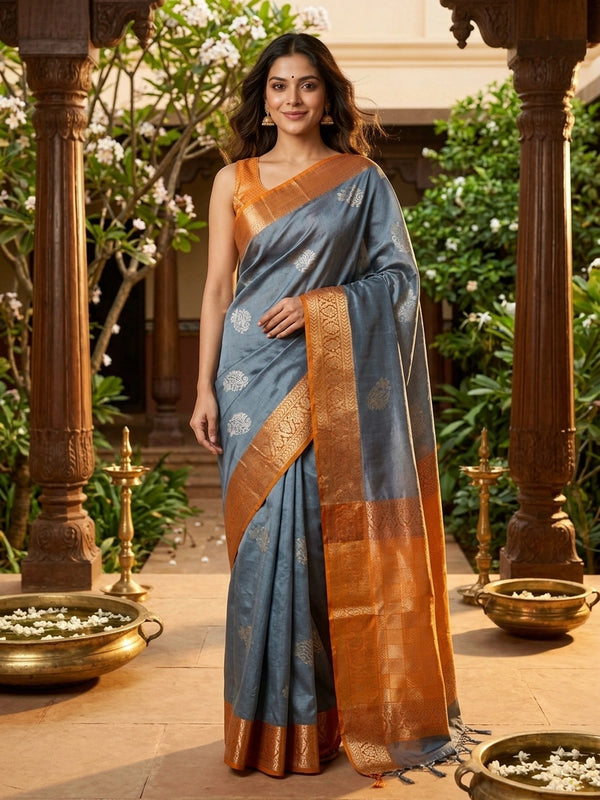 Grey silk cotton saree with mustard-orange contrast zari border and gold buttas