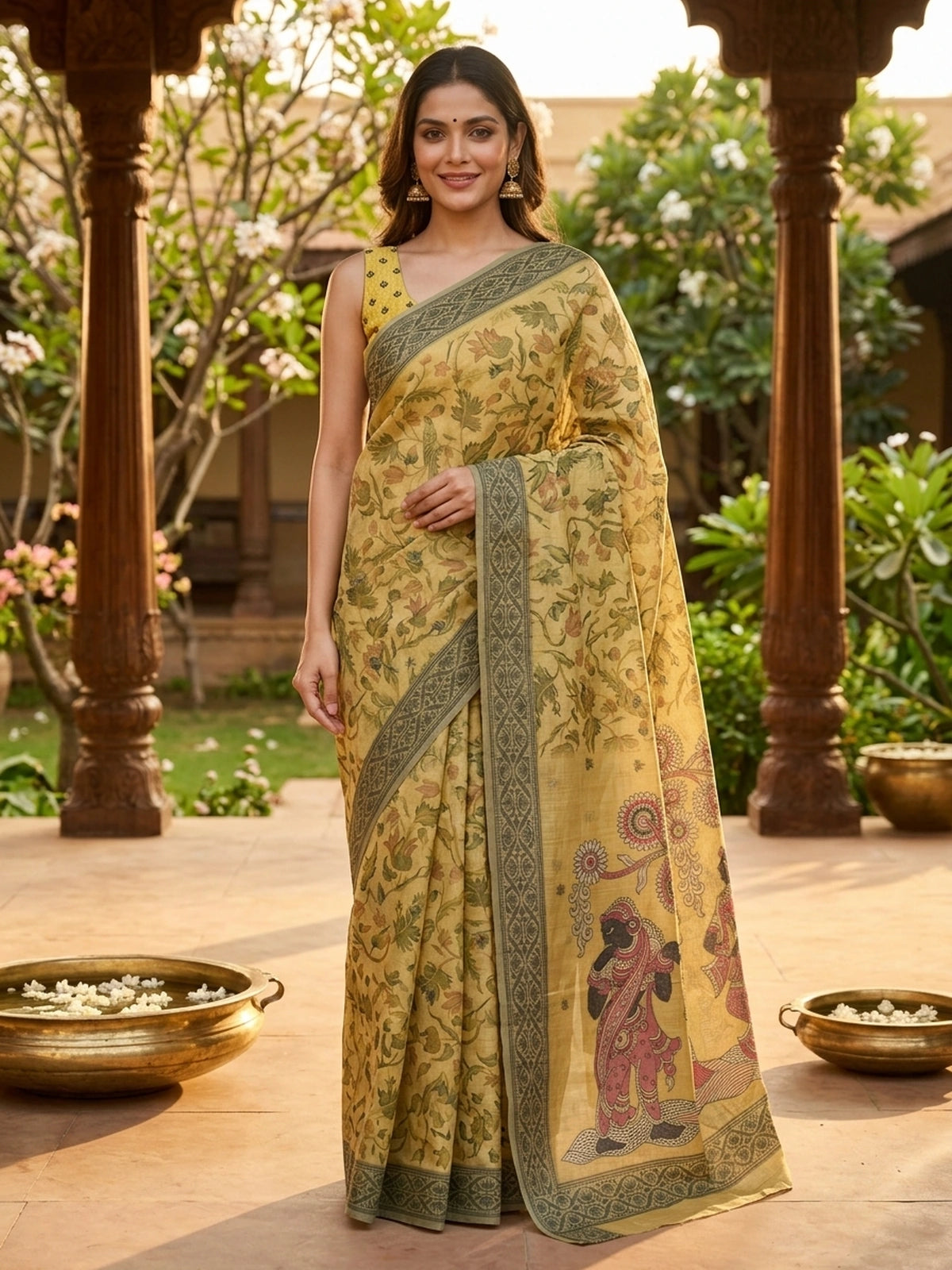 Beige and Grey-Green Linen Cotton Saree