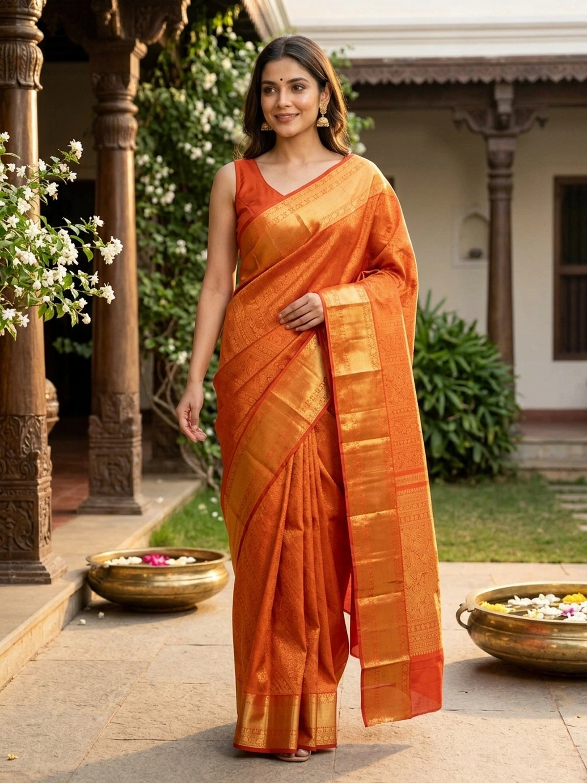 Orange pure Kanchipuram silk saree with allover gold zari brocade and wide gold zari border