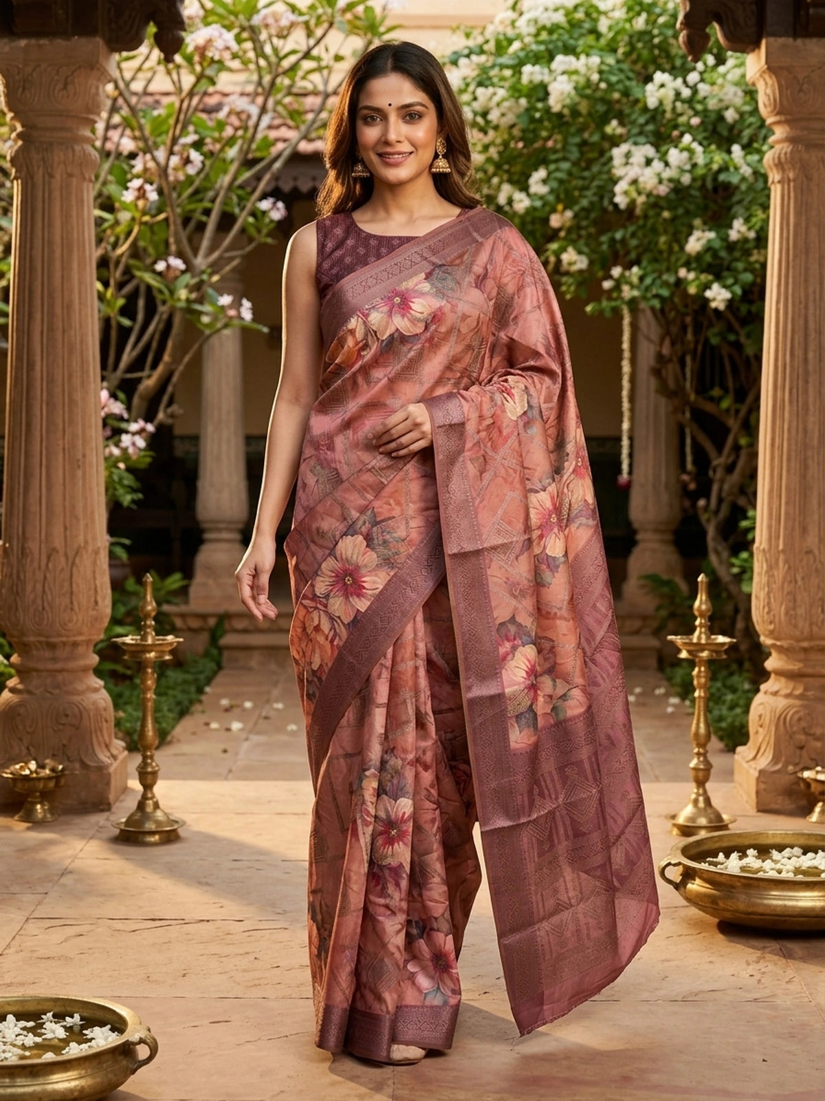 Dusty Rose and Mauve Semi Tussar Saree