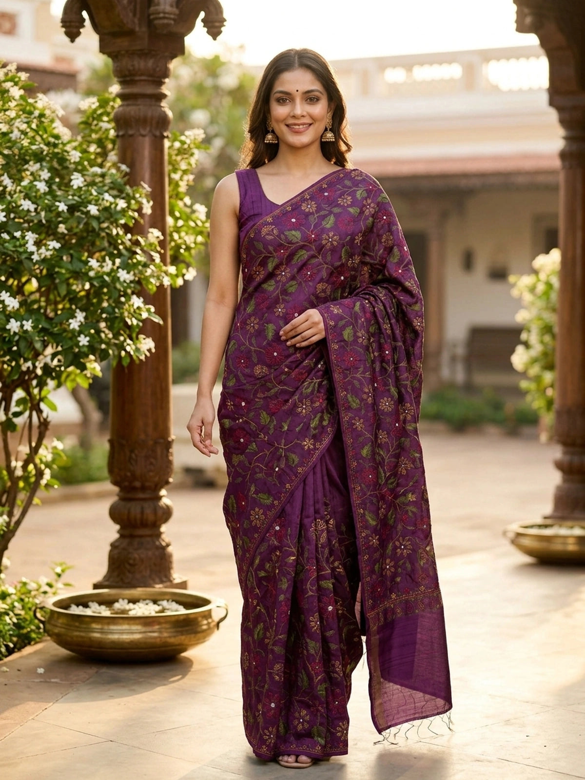 Purple semi tussar saree with allover multi-colour floral embroidery and paisley border