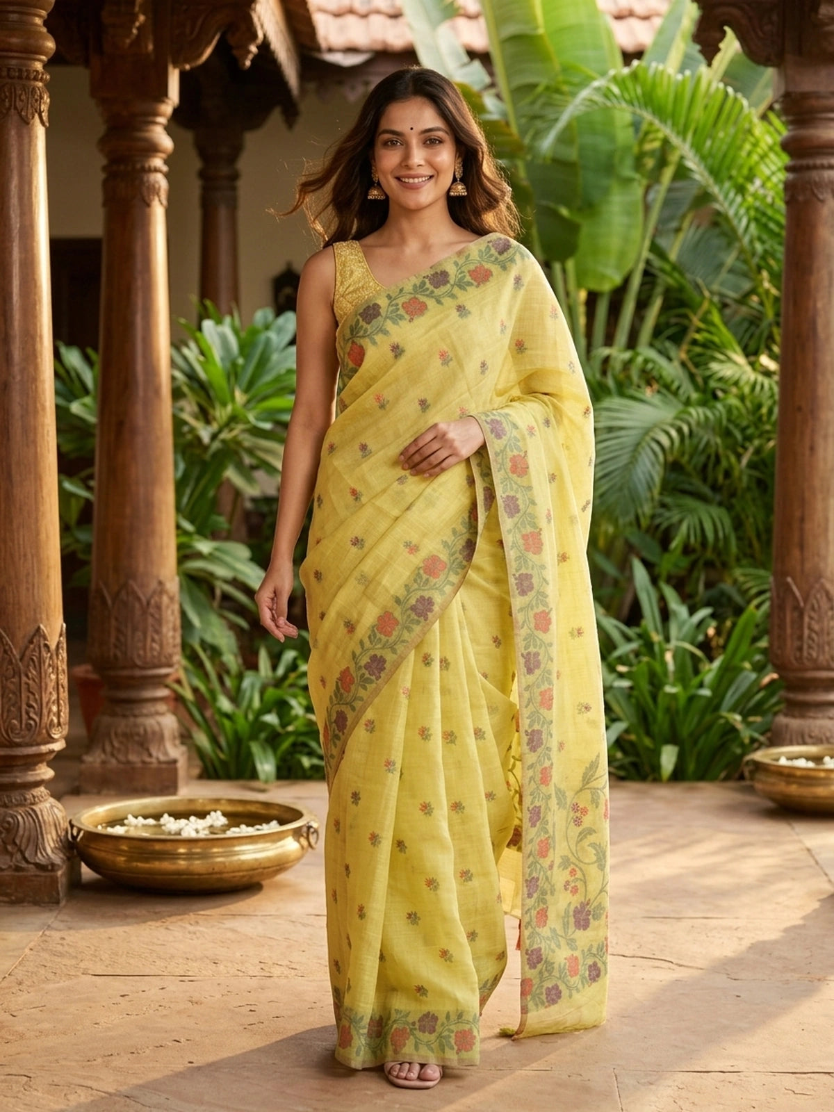 Lime yellow linen cotton saree with multicolour floral buttis and woven floral vine border