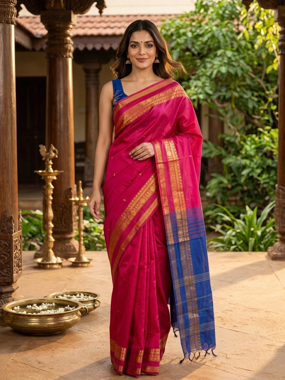 Pink banana silk saree with royal blue contrast pallu and gold zari peacock border