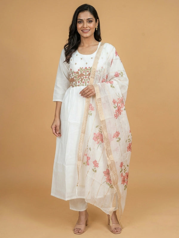 White flamingo embroidered cotton Anarkali kurti set with floral printed dupatta