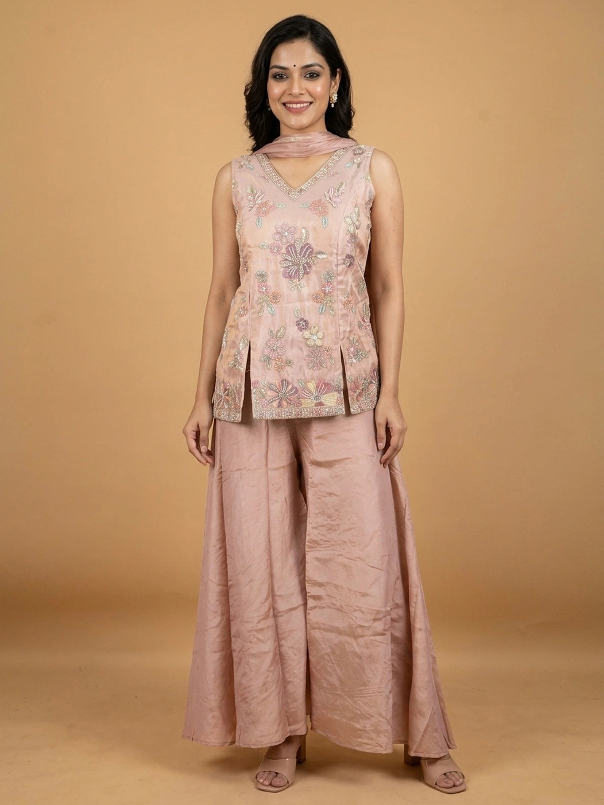 Dusty Rose silk floral embroidered straight cut kurti set with palazzo and dupatta