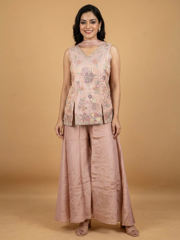 Dusty Rose silk floral embroidered straight cut kurti set with palazzo and dupatta