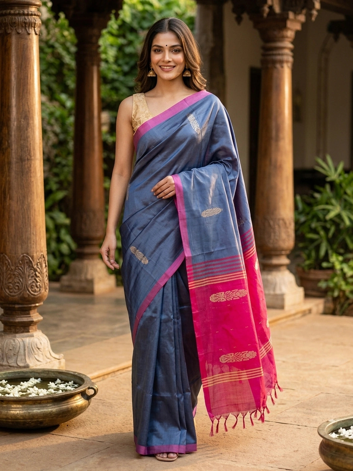 Grey-blue Banana Silk saree with contrast pink zari border and pallu