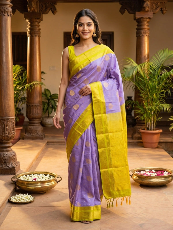 Lavender semi silk saree with contrast lime-green gold zari border and pallu