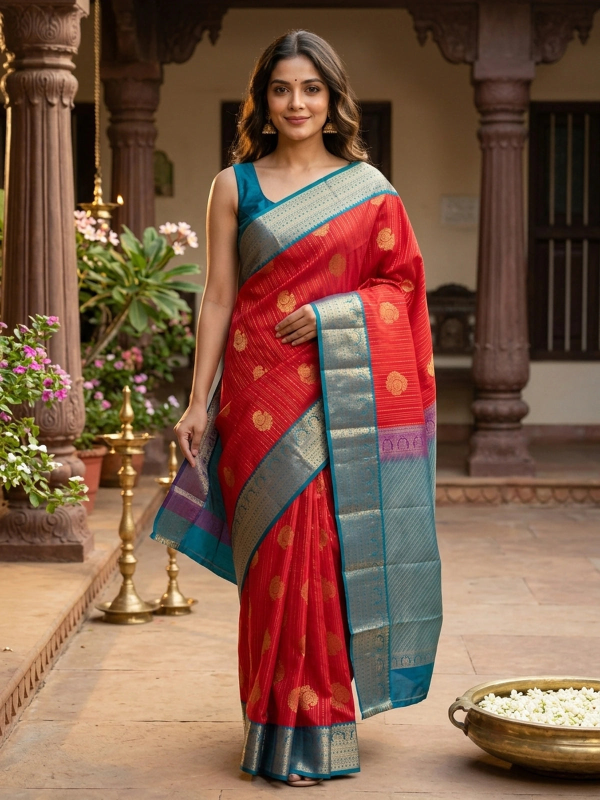 Red pure Kanchipuram silk saree with gold zari buttas and a contrast peacock-blue zari border