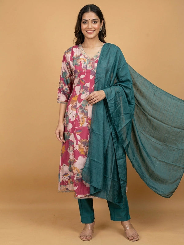 Pink floral printed silk blend A-line kurti set with embellished neckline and contrasting teal dupatta