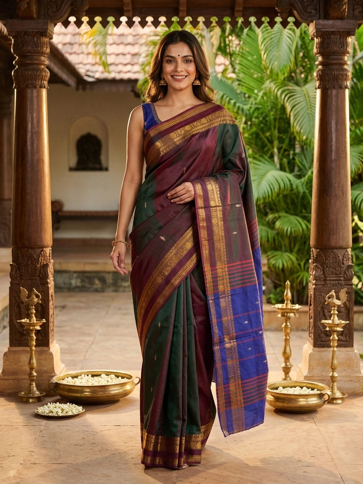 Maroon green banana silk saree with gold zari border and contrast royal blue pallu