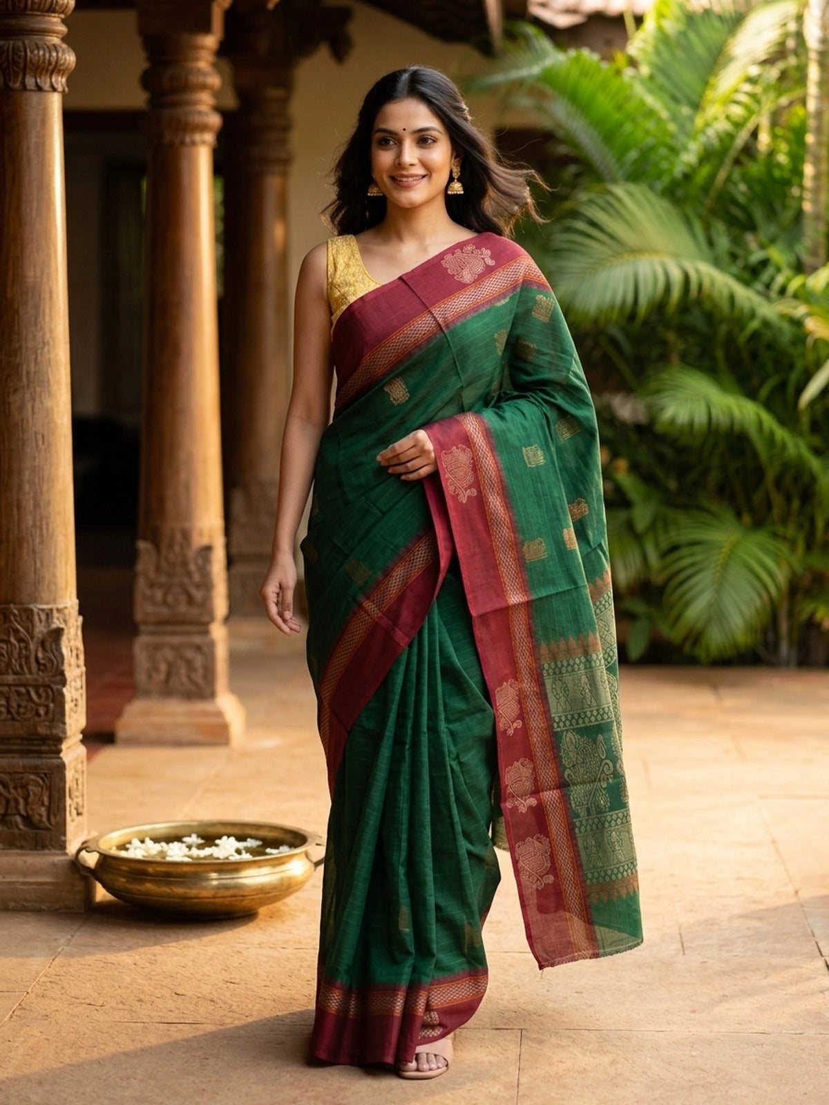 Green and Maroon Nagamam Cotton Saree
