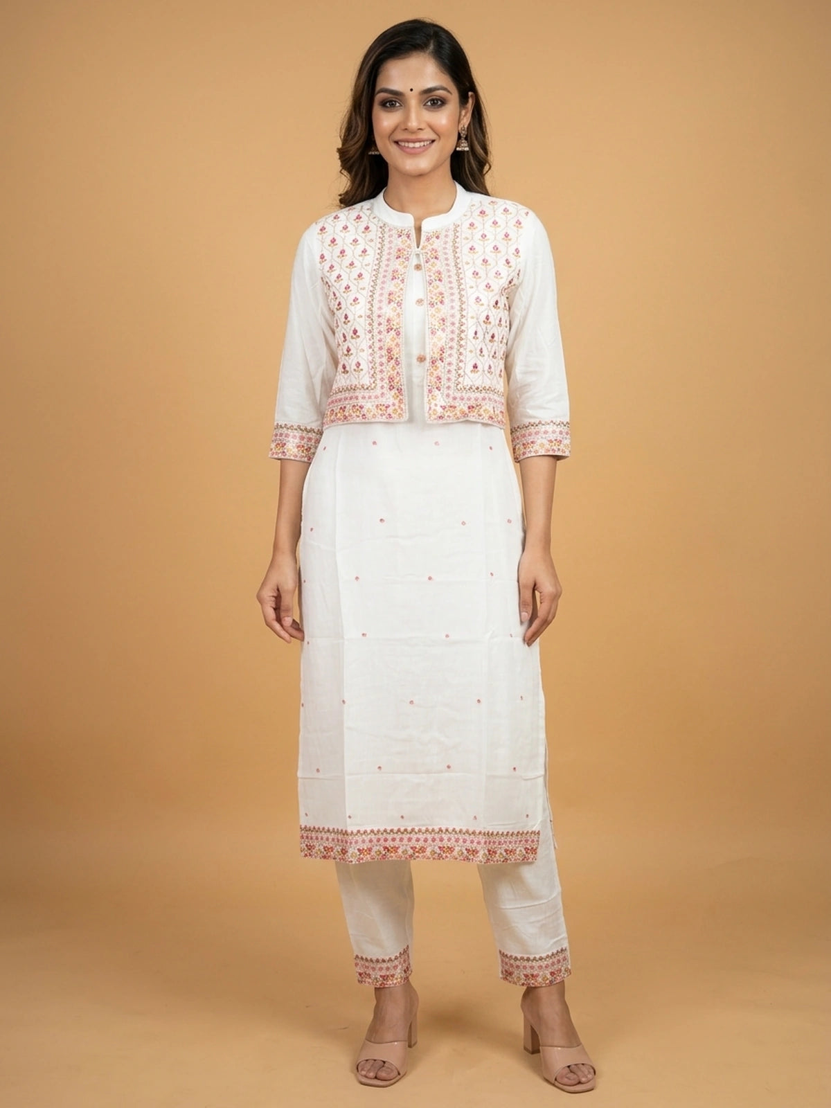 White cotton straight cut kurti set with multicolour embroidered cropped jacket and matching pants