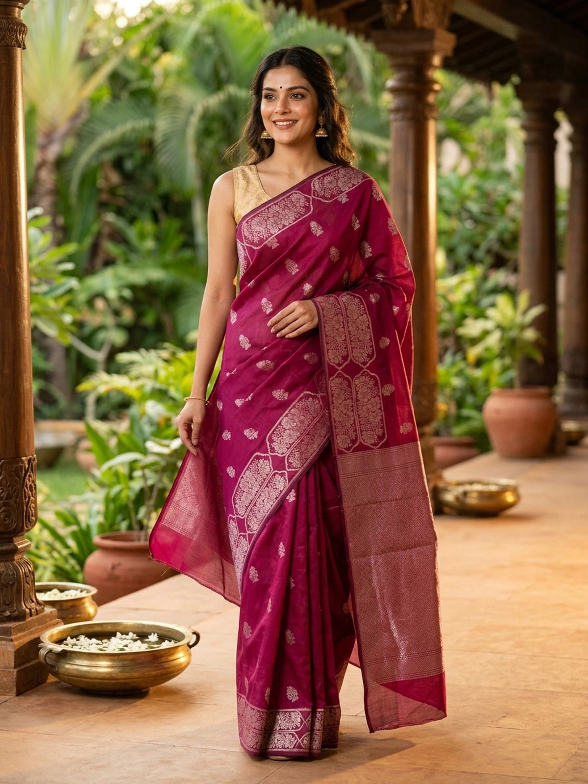 Magenta silk cotton saree with silver zari floral buttis and woven border