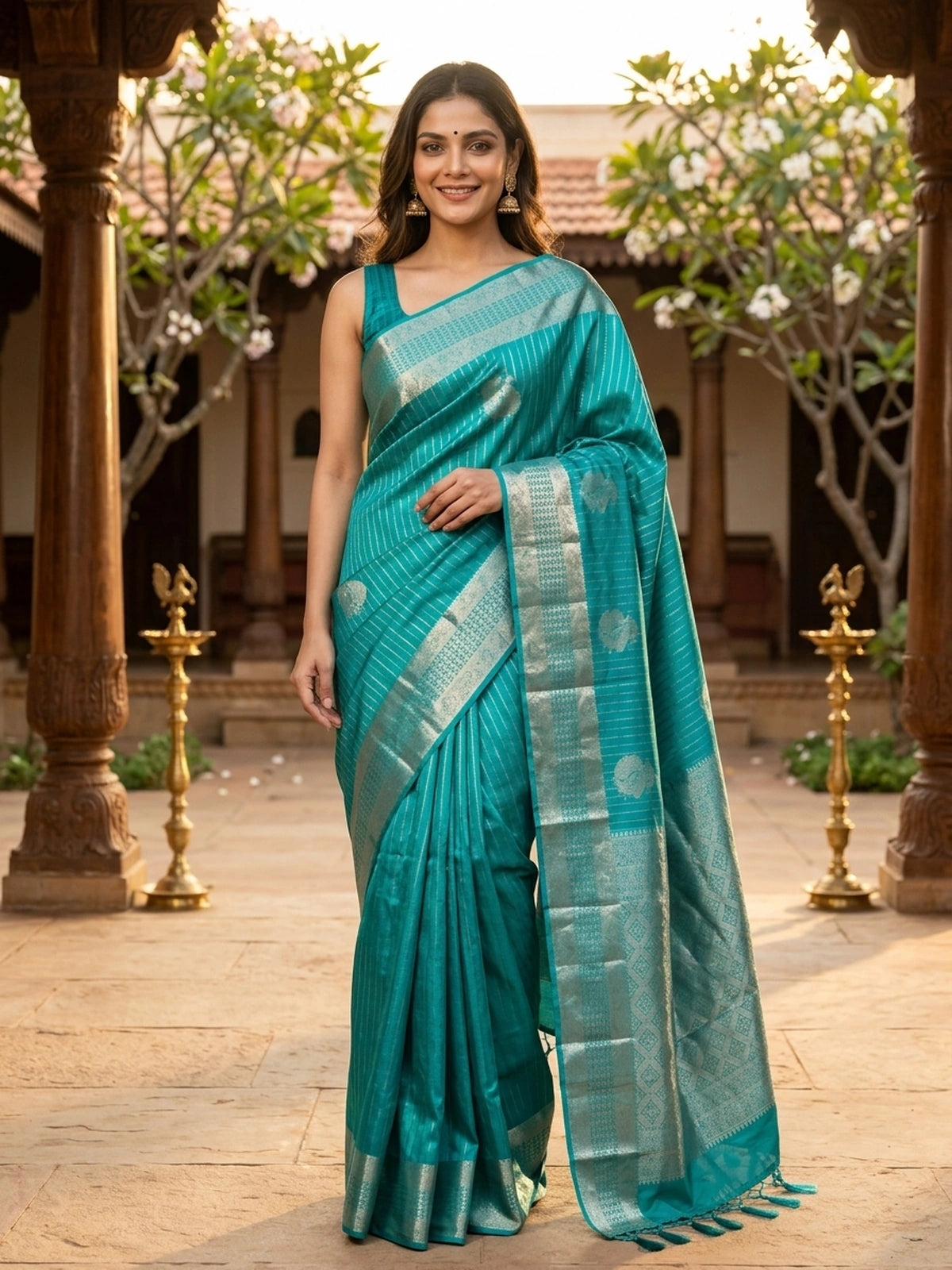 Teal green Pure Kanchipuram silk saree with silver zari diagonal stripes, peacock buttas and a woven zari border