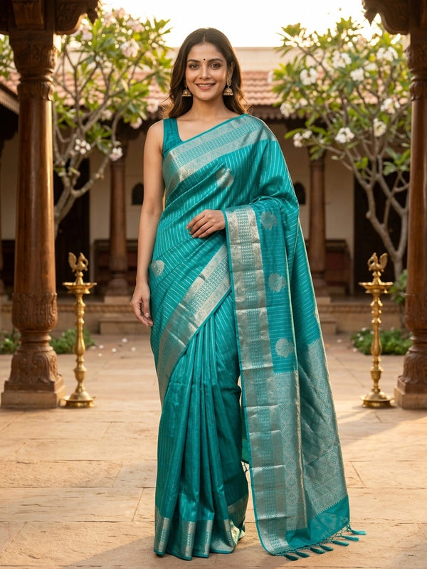 Teal green Pure Kanchipuram silk saree with silver zari diagonal stripes, peacock buttas and a woven zari border