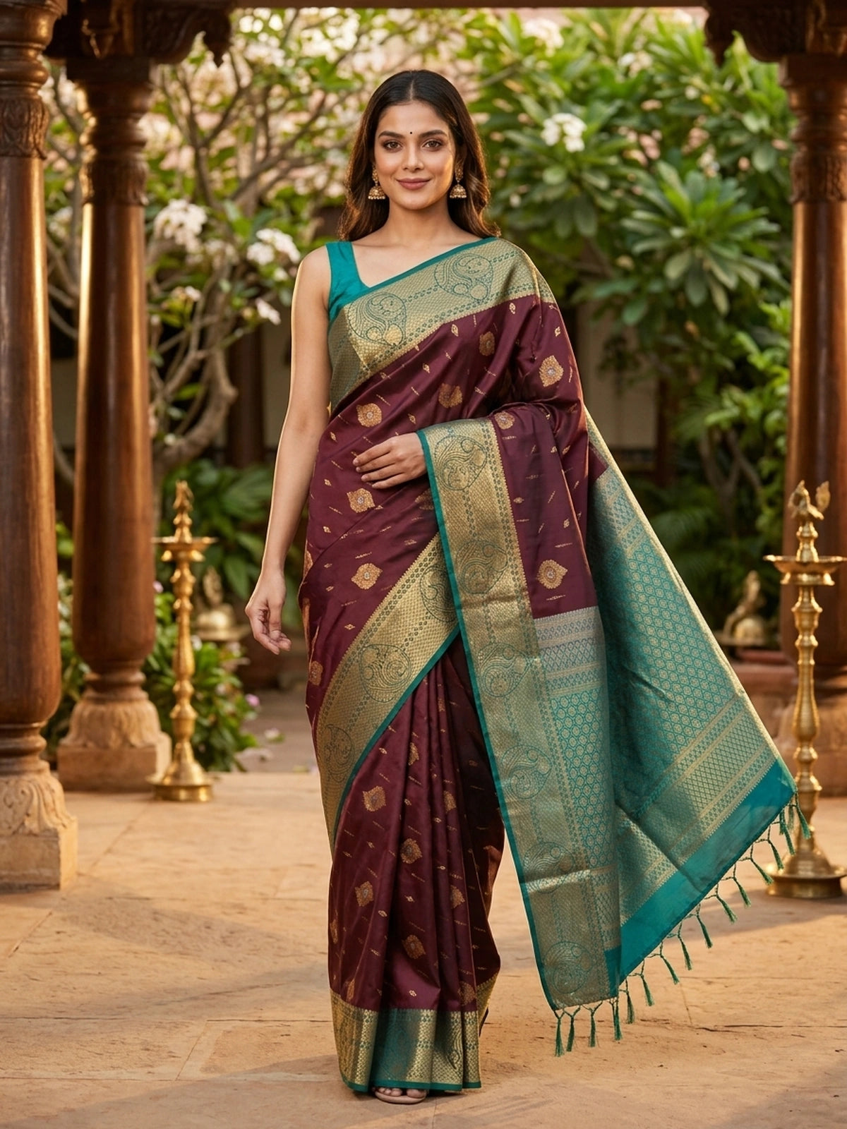 Maroon and Teal Semi Silk Saree