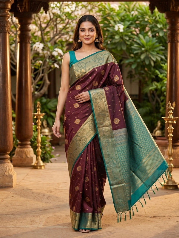 Maroon semi silk saree with gold zari buttas and a contrast teal zari border and pallu