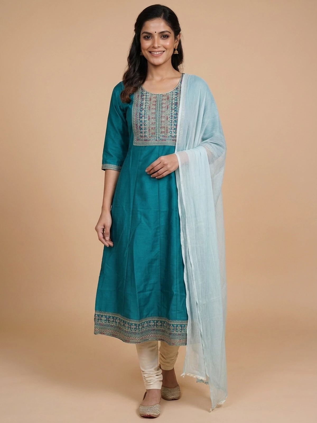 Teal embroidered art silk Anarkali kurti with gold zari yoke embroidery