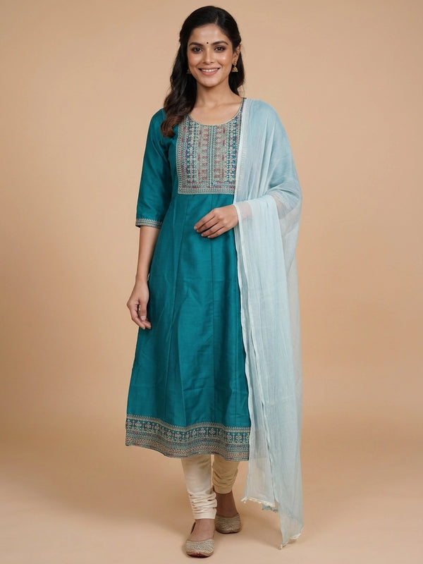 Teal embroidered art silk Anarkali kurti with gold zari yoke embroidery