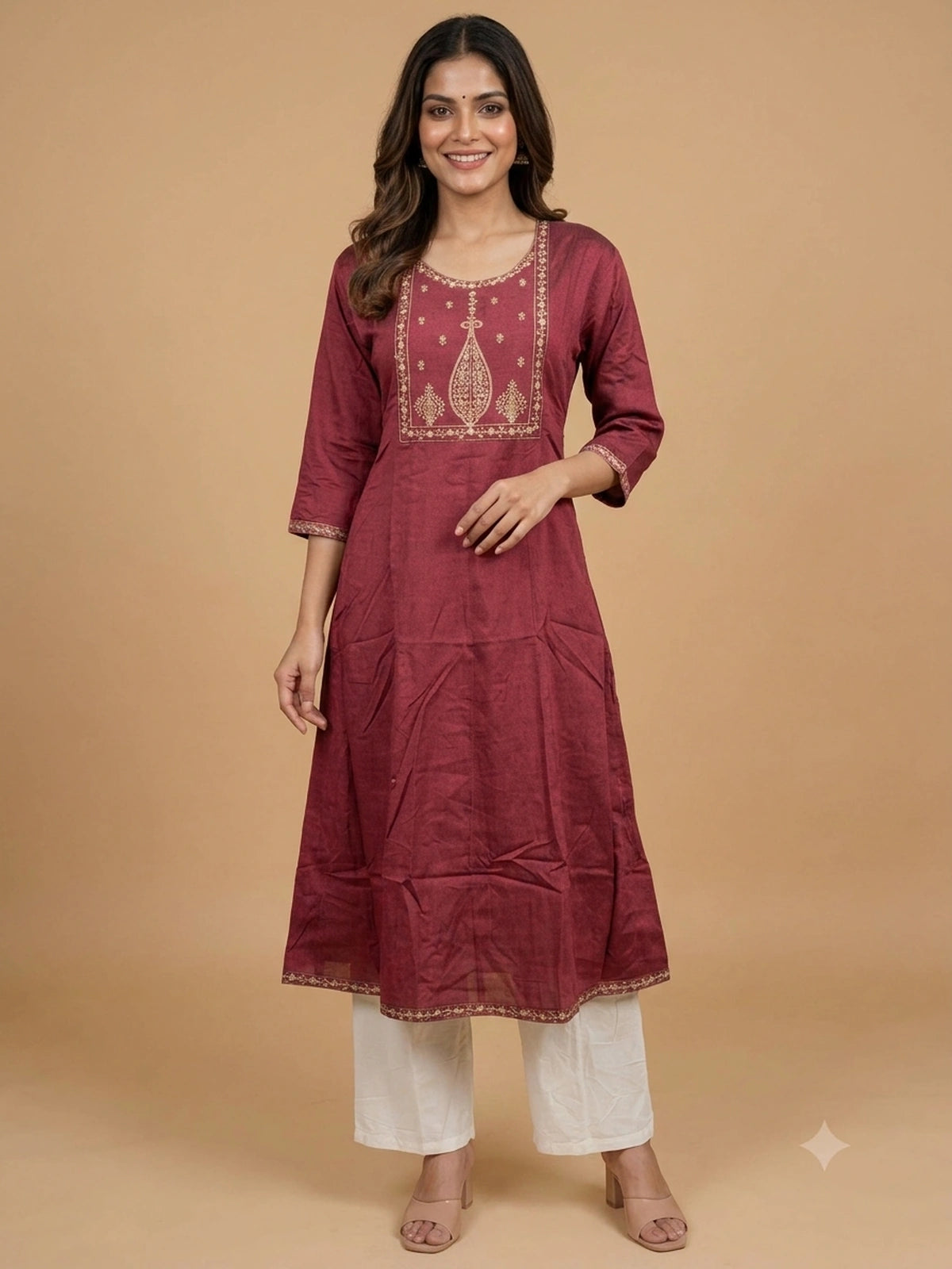 Maroon zari embroidered cotton Anarkali kurti top with gold paisley yoke
