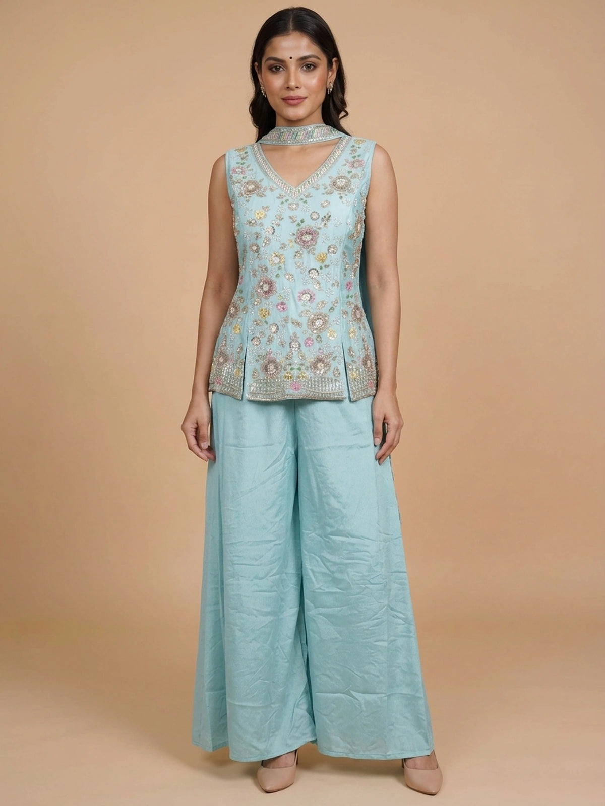 Aqua Blue floral embroidered art silk sleeveless straight cut kurti set with palazzo pants