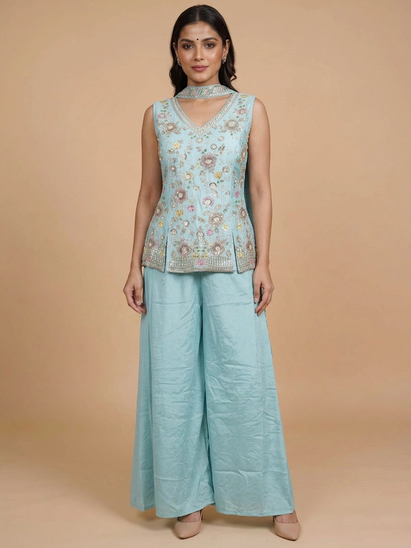 Aqua Blue floral embroidered art silk sleeveless straight cut kurti set with palazzo pants