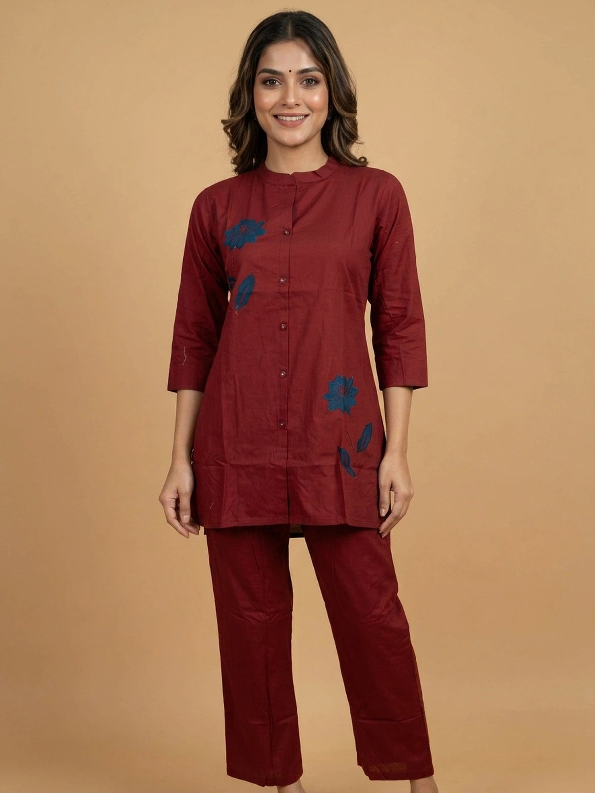 Maroon floral applique cotton co-ord kurti set with straight pants