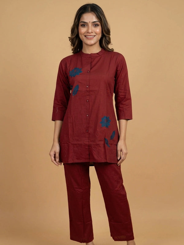 Maroon floral applique cotton co-ord kurti set with straight pants