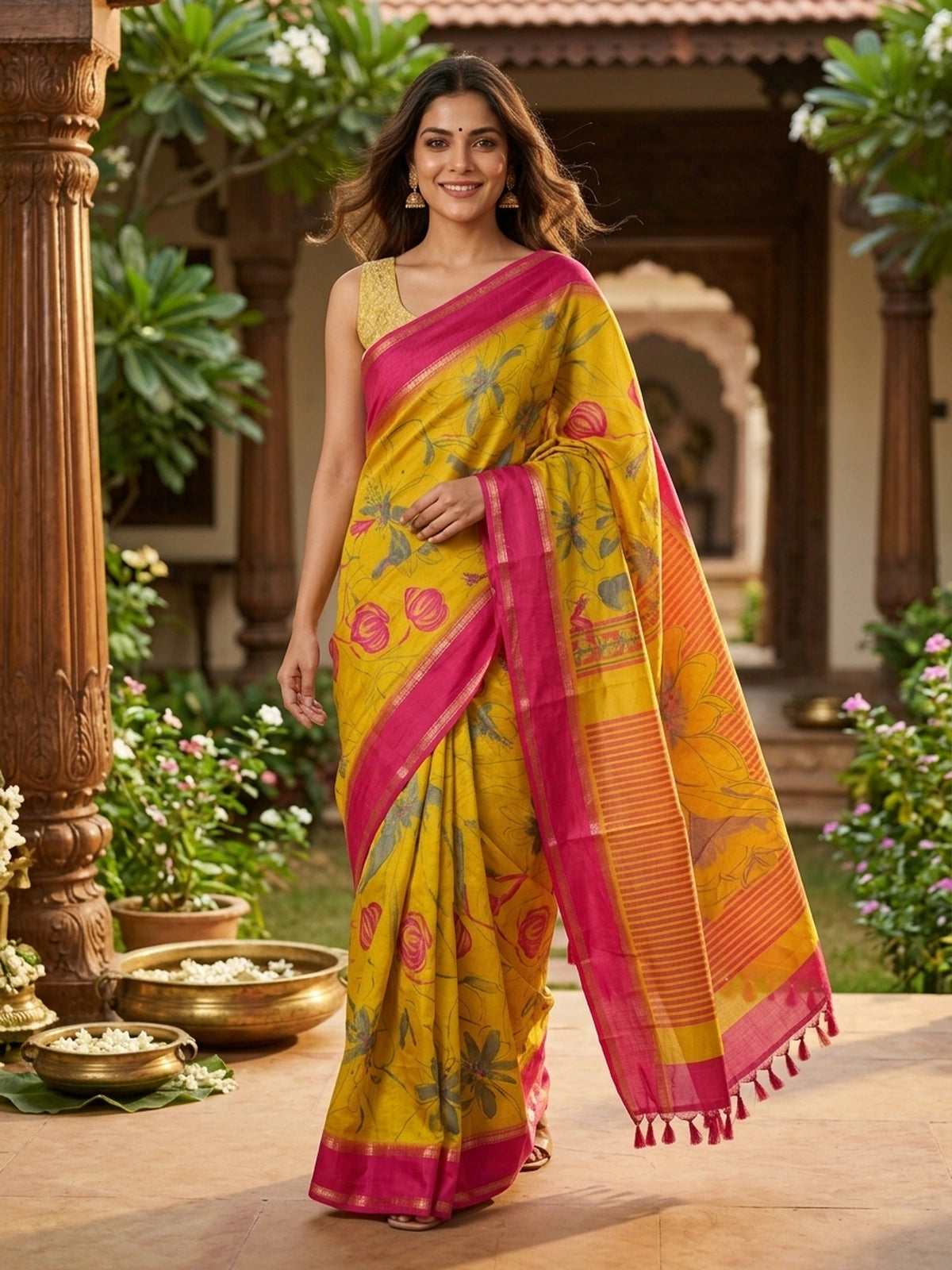 Mustard Yellow and Pink Dola Silk Saree