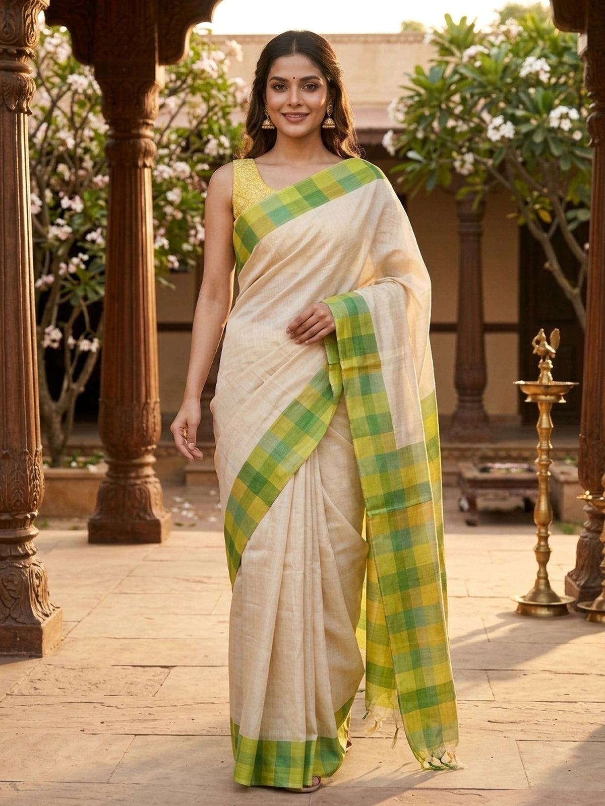 Cream and Green Linen Cotton Saree